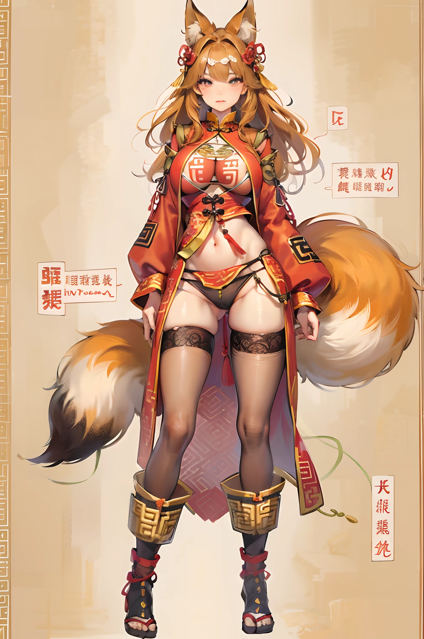 a beauty girl,Mature face,a matural female,Fluffy tail hair,Ultra-loose underwear,clothes slipping off,Anterior convex and posterior,Straight chest,Ruddy complexion,Huge fox tail,nabel,(huge tit),adventurer,tit,areola of breast,pantiess,Stockings,Human Services Group,((illustrated)),split,((Chinese tradition))