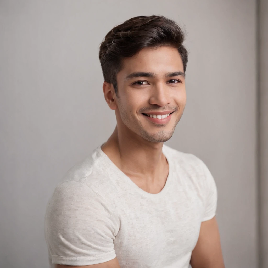 (photo: 1.3) af (realism: 1.3), (Hispanic), Latino man profile, (frontal close-up), soft light, clear face, happy, cheerful, warm light, white T-shirt, (off-white background), (blank background), ((gray wall background)) avatar, (short hair), smile, handsome, young,, short hair, smile, (close-up)