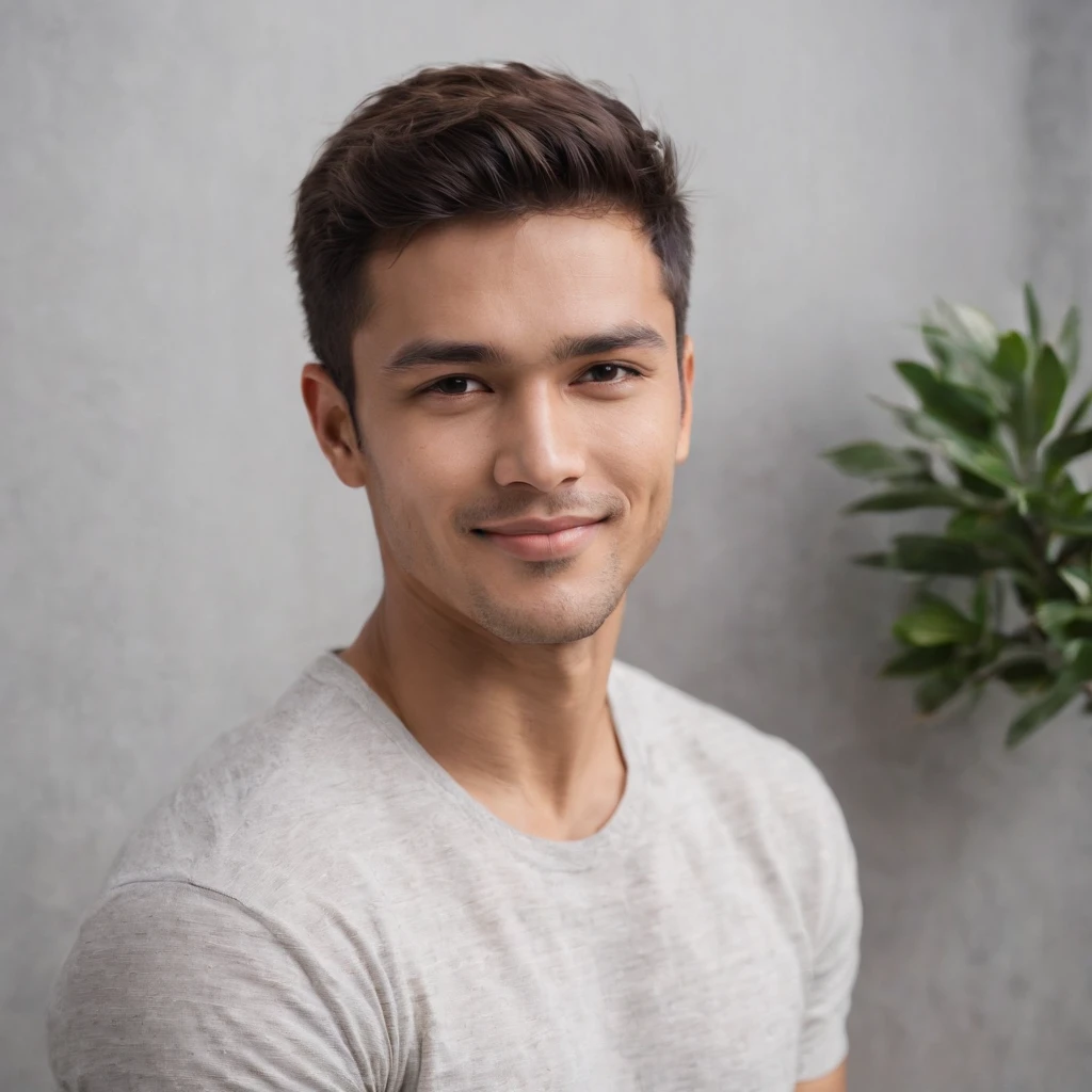 (photo: 1.3) af (realism: 1.3), (Hispanic), Latino man profile, (frontal close-up), soft light, clear face, happy, cheerful, warm light, white T-shirt, (off-white background), (blank background), ((gray wall background)) avatar, (short hair), smile, handsome, young,, short hair, smile, (close-up)