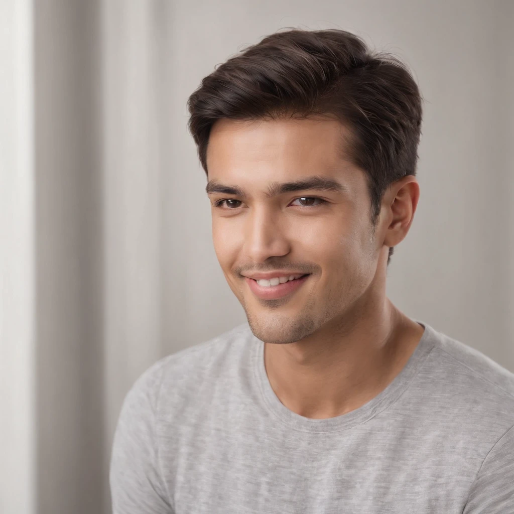 (photo: 1.3) af (realism: 1.3), (Hispanic), Latino man profile, (frontal close-up), soft light, clear face, happy, cheerful, warm light, white T-shirt, (off-white background), (blank background), ((gray wall background)) avatar, (short hair), smile, handsome, young,, short hair, smile, (close-up)