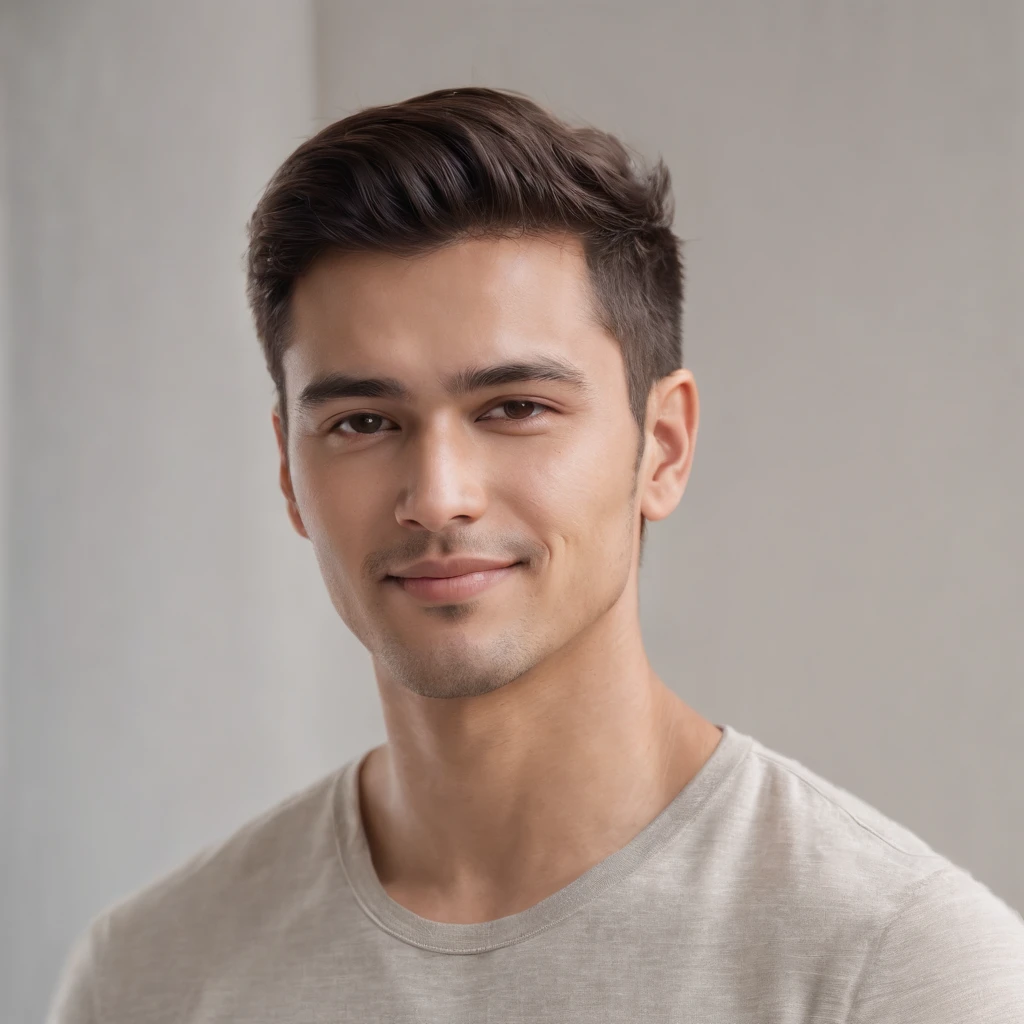 (photo: 1.3) af (realism: 1.3), (Hispanic), Latino man profile, (frontal close-up), soft light, clear face, happy, cheerful, warm light, white T-shirt, (off-white background), (blank background), ((gray wall background)) avatar, (short hair), smile, handsome, young,, short hair, smile, (close-up)