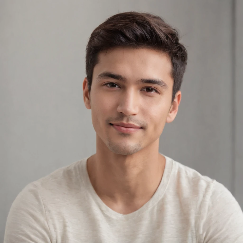 (photo: 1.3) af (realism: 1.3), (Hispanic), Latino man profile, (frontal close-up), soft light, clear face, happy, cheerful, warm light, white T-shirt, (off-white background), (blank background), ((gray wall background)) avatar, (short hair), smile, handsome, young,, short hair, smile, (close-up)