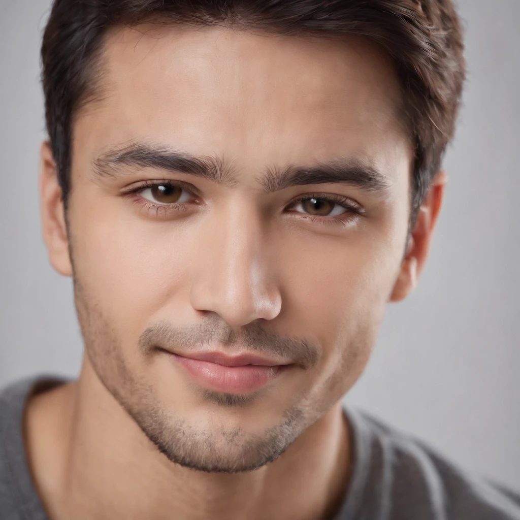 (photo: 1.3) af (realism: 1.3), (Hispanic), Latino man profile, (frontal close-up), soft light, clear face, happy, cheerful, warm light, white T-shirt, (off-white background), (blank background), ((gray wall background)) avatar, (short hair), smile, handsome, young,, short hair, smile, (close-up)
