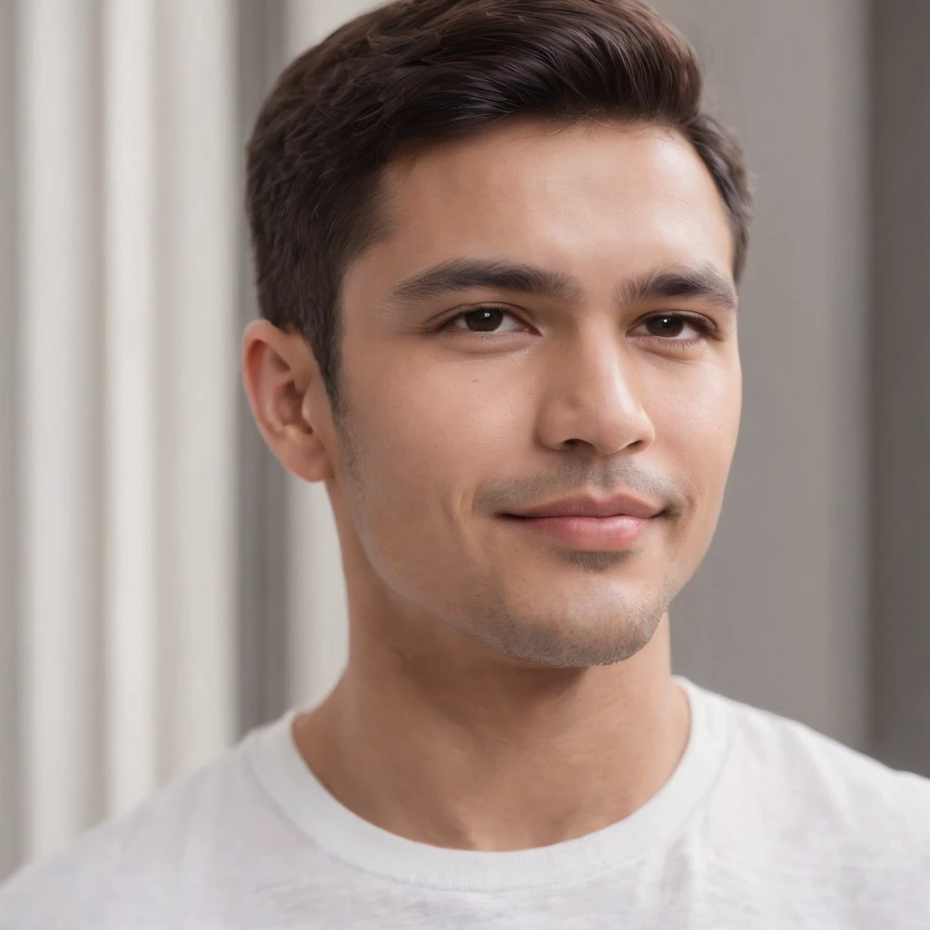 (photo: 1.3) af (realism: 1.3), (Hispanic), Latino man profile, (frontal close-up), soft light, clear face, happy, cheerful, warm light, white T-shirt, (off-white background), (blank background), ((gray wall background)) avatar, (short hair), smile, handsome, young,, short hair, smile, (close-up)