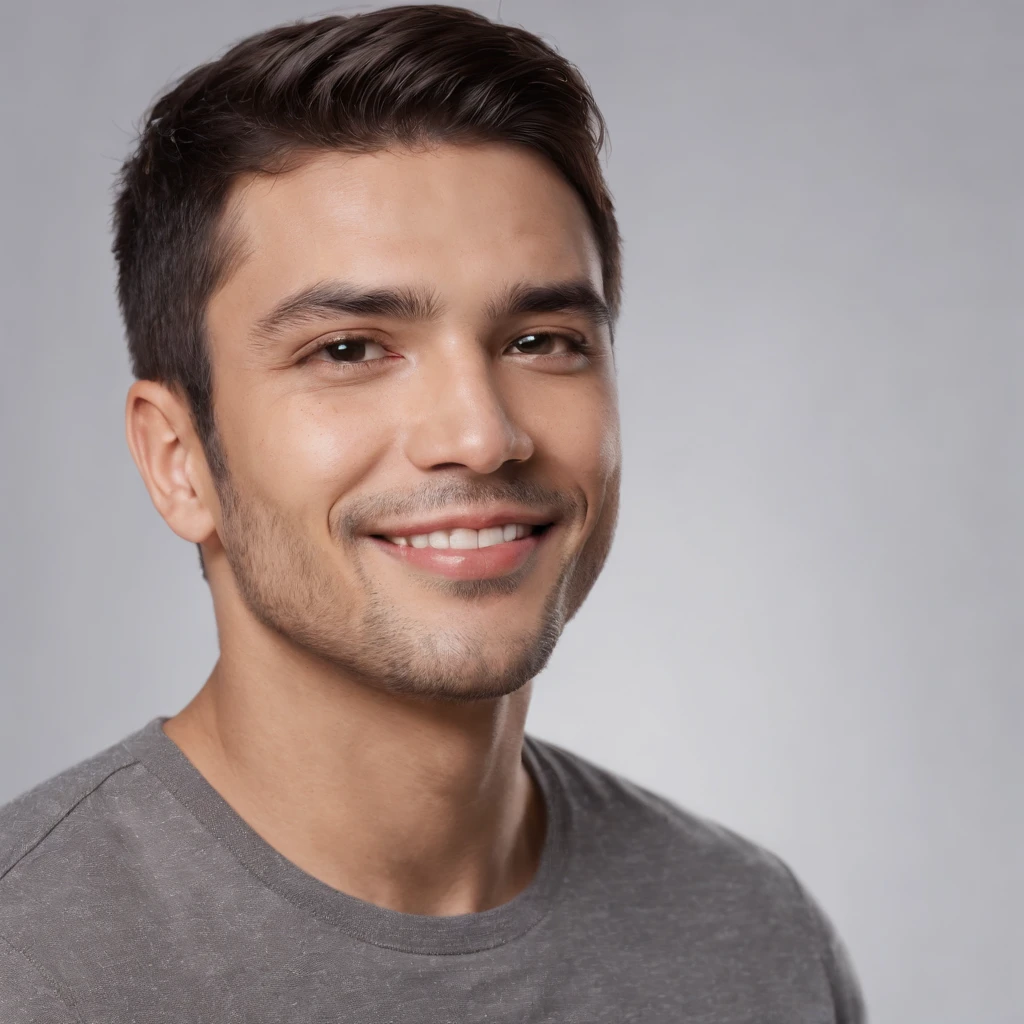 (photo: 1.3) af (realism: 1.3), (Hispanic), Latino man profile, (frontal close-up), soft light, clear face, happy, cheerful, warm light, white T-shirt, (off-white background), (blank background), ((gray wall background)) avatar, (short hair), smile, handsome, young,, short hair, smile, (close-up)