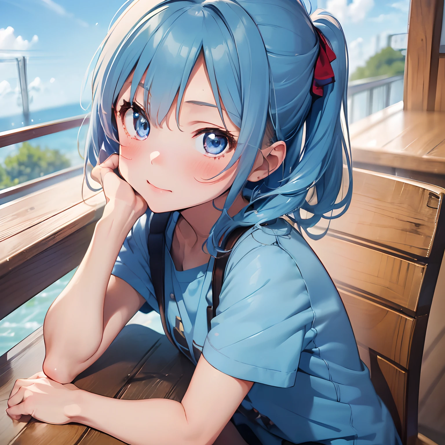 Masterpiece, high resolution, extremely detailed, realistic, 1 girl, (((cute face, cute eyes, short sky blue hair, bright blue eyes, lovestruck, blushing, embarressed, sitting on small wooden chair))), ((bedroom, in corner))