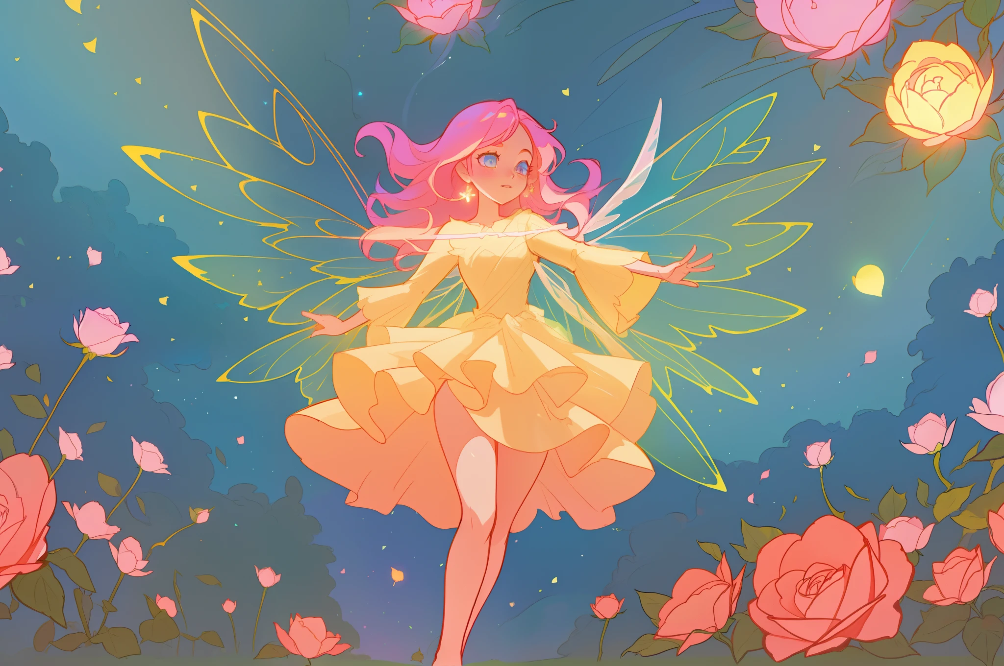 beautiful girl in flowing layered puff long sleeve ballgown, flower fairy, dress that looks like a flower or rose, rose, colorful flowers, inspired by Glen Keane, inspired by Lois van Baarle, disney art style, by Lois van Baarle, glowing aura around her, by Glen Keane, jen bartel, glowing lights! digital painting, flowing glowing hair, glowing flowing hair, beautiful digital illustration, fantasia otherworldly landscape plants flowers, beautiful, masterpiece, best quality, anime disney style, (sharp focus), intricate detail, fine detail, perfection, golden ratio, (fairy wings)