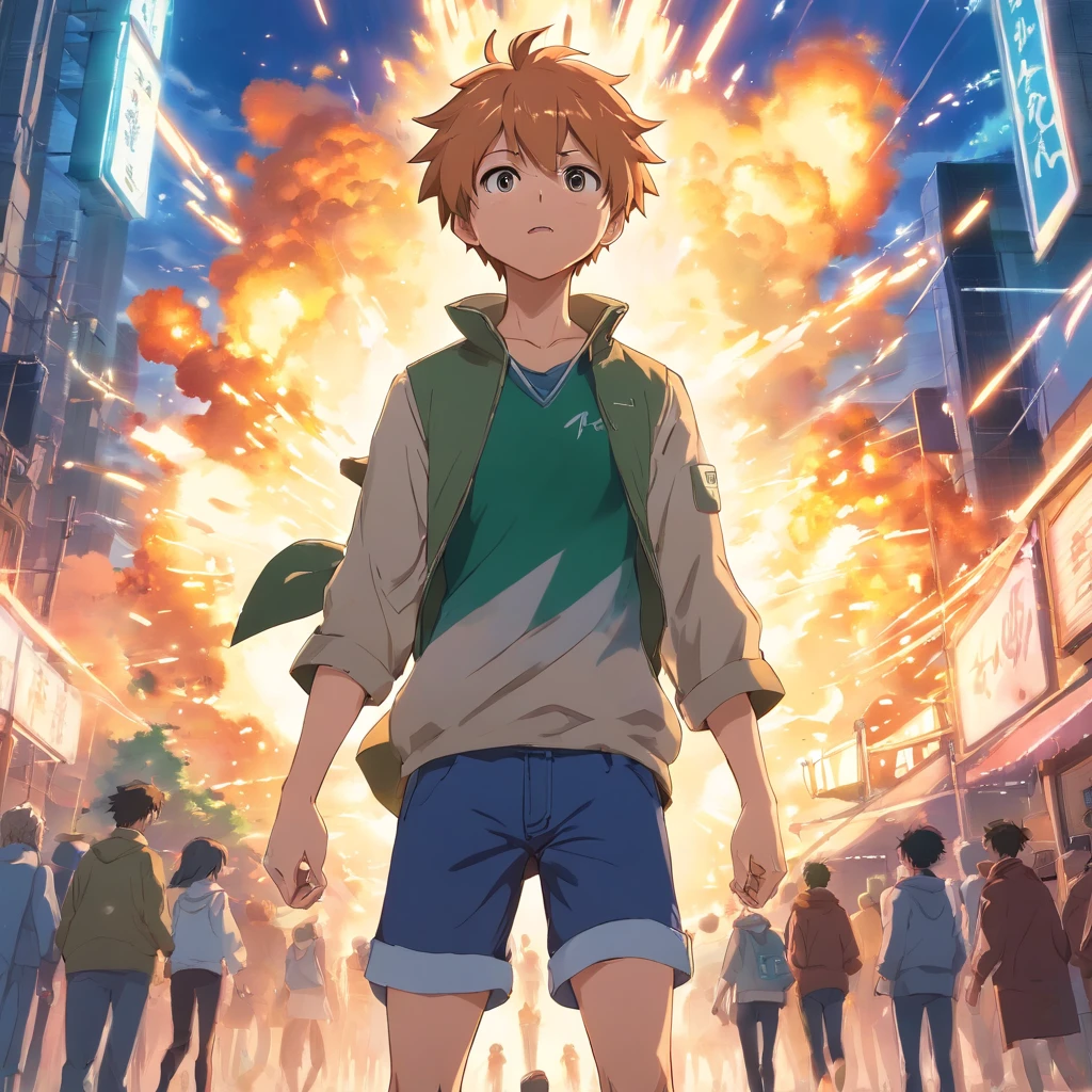 masterpiece, best quality, movie still, An anime-inspired cinematic scene featuring Bakugo from My Hero Academia. Bakugo stands triumphantly over a pile of defeated enemies, exuding power and intensity. The scene should be dramatic, intense, and action-packed, drawing inspiration from the anime's explosive and fiery nature. The style should reflect the works of Kohei Horikoshi and Studio Bones, with high-definition visuals, vibrant colors, detailed character design, and dynamic lighting.