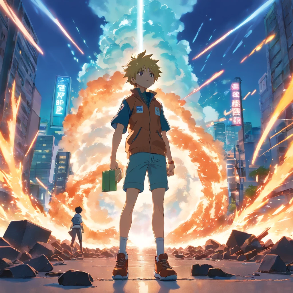 masterpiece, best quality, movie still, An anime-inspired cinematic scene featuring Bakugo from My Hero Academia. Bakugo stands triumphantly over a pile of defeated enemies, exuding power and intensity. The scene should be dramatic, intense, and action-packed, drawing inspiration from the anime's explosive and fiery nature. The style should reflect the works of Kohei Horikoshi and Studio Bones, with high-definition visuals, vibrant colors, detailed character design, and dynamic lighting.
