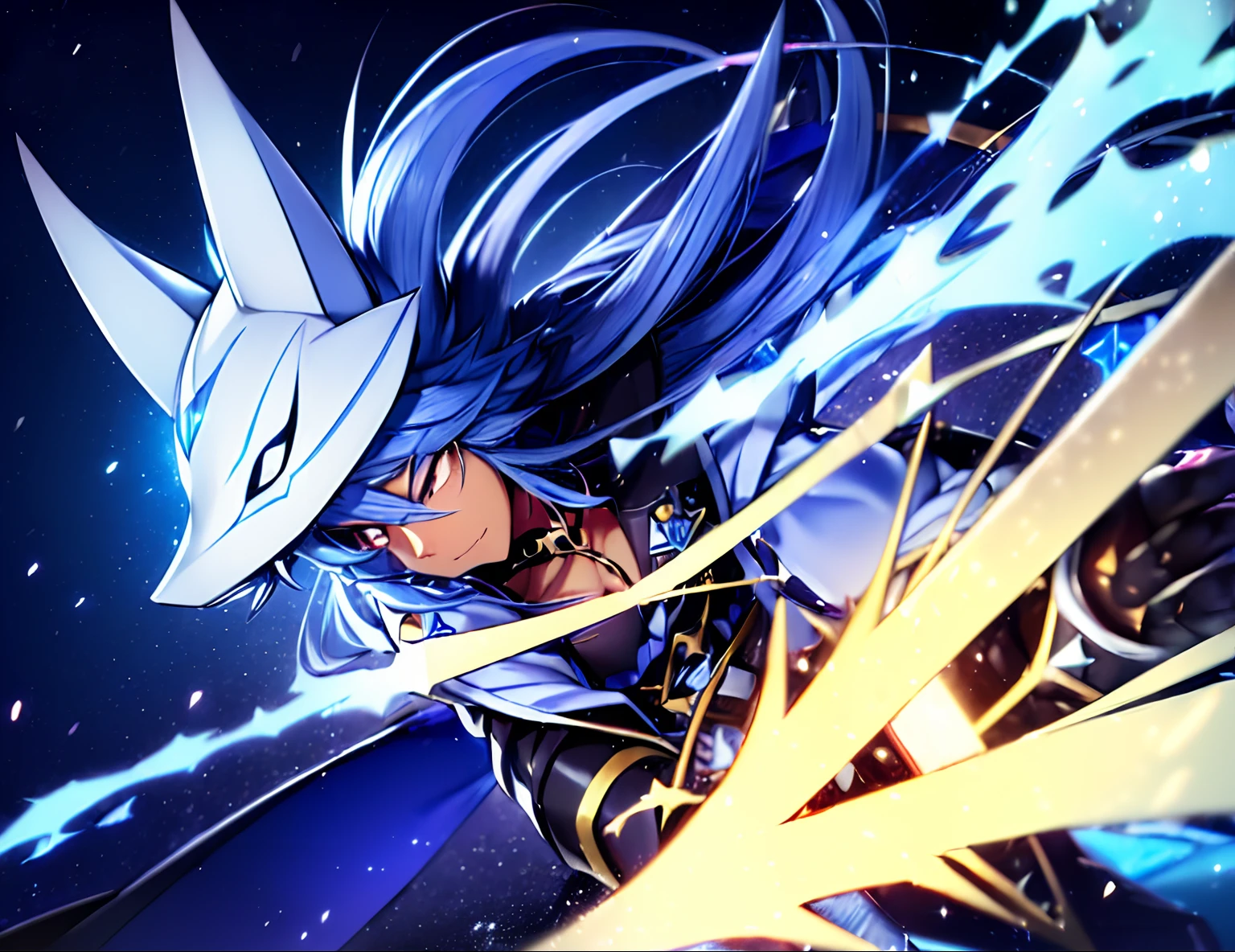 a close up of a ((dark Skin:1.6)) ((masculine )) (sakuyamon) like digimon \(creature\))) with ((long navy-Blue hair with light blue )) , ((Done in a Low hanging Ponytail)),Big ((fluffy white tail)), Ice Crystals in Gauntlets ,((Belt , Sword)) , Dynamic pose,expression( Smug), ((Eye patch)),(( Kaeya From Genshin impact as a Digimon)), ((white Fox mask with blue markings)),(( Blue open jacket)),((1boy Solo)), ((Masterpiece,High quality))