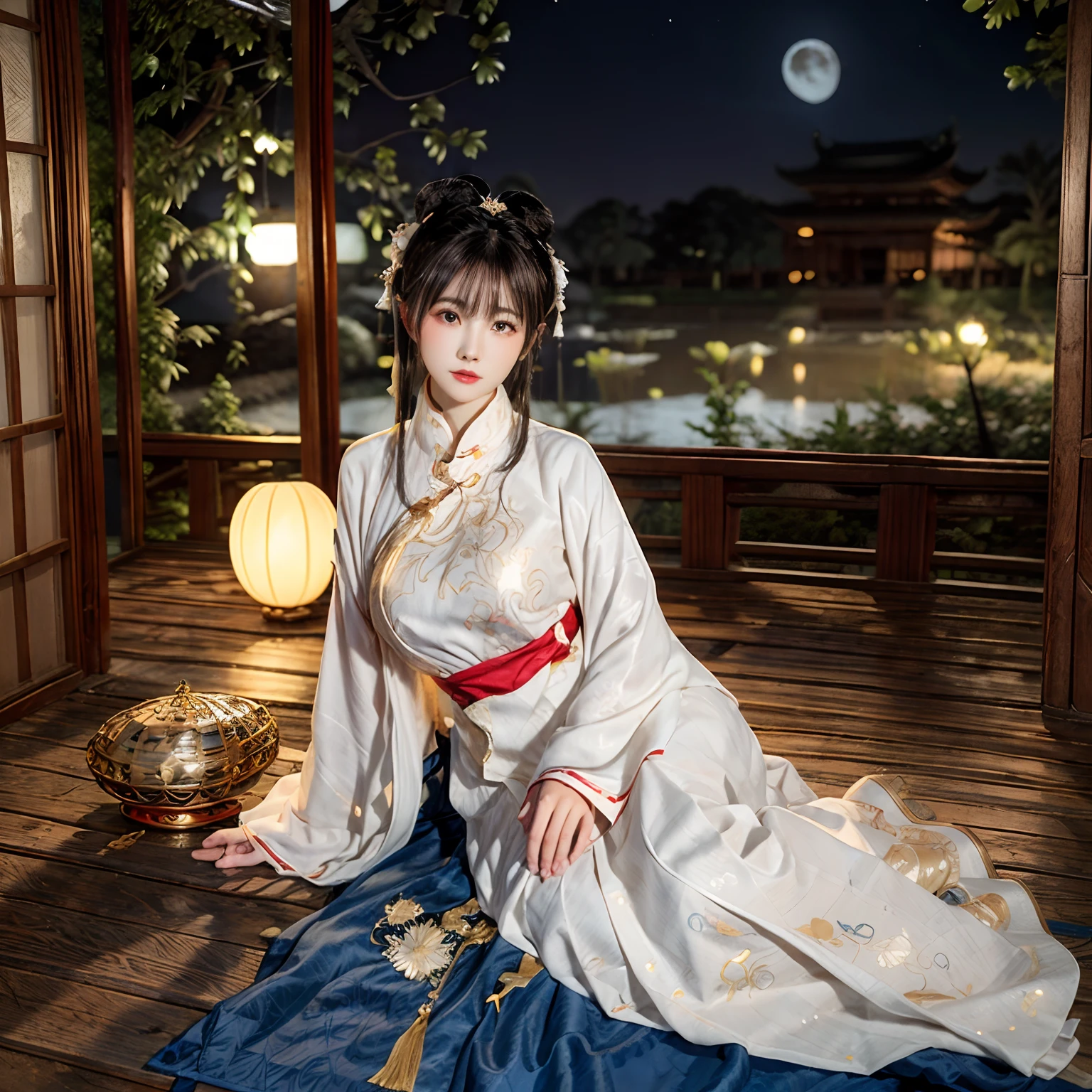 Chang'e，Moon，themoon，rays of moonlight，big breasts beautiful，delicated，the detail，Extreme，复杂，Brilliant --ar 2:4 --s 100 --niji 5 --Expressive style，palaces，the white rabbit，Long sleeves floating，Palace costume，Classical beauty，Looking at you，Bigchest，Realiy