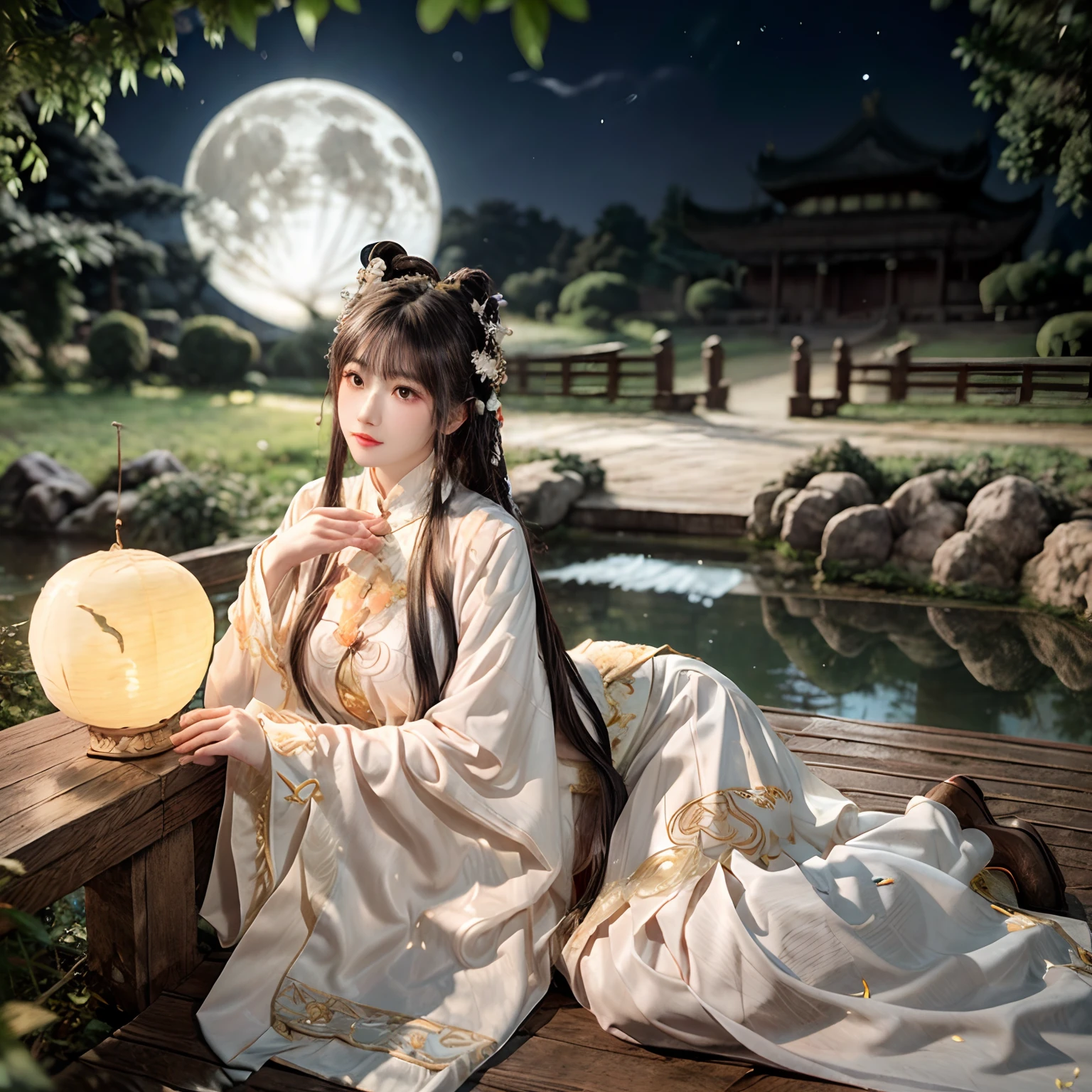 Chang'e，Moon，themoon，rays of moonlight，big breasts beautiful，delicated，the detail，Extreme，复杂，Brilliant --ar 2:4 --s 100 --niji 5 --Expressive style，palaces，the white rabbit，Long sleeves floating，Palace costume，Classical beauty，Looking at you，Bigchest，Realiy