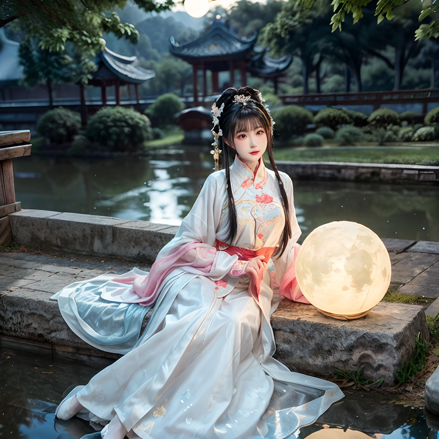 Chang'e，Moon，themoon，rays of moonlight，big breasts beautiful，delicated，the detail，Extreme，复杂，Brilliant --ar 2:4 --s 100 --niji 5 --Expressive style，palaces，the white rabbit，Long sleeves floating，Palace costume，Classical beauty，Looking at you，Bigchest，Realiy