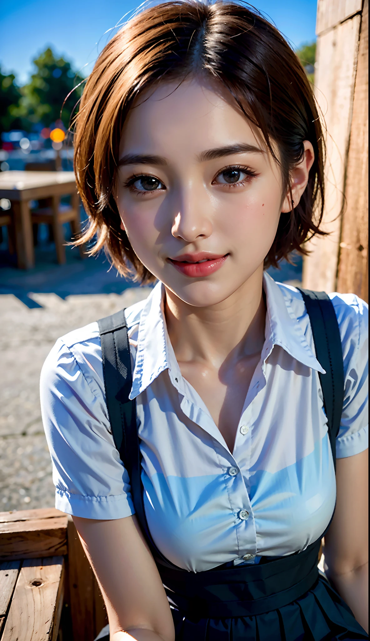 (8k, RAW photo, best quality, masterpiece:1.2), (realistic, photo-realistic:1.37), ultra-detailed,
1 girl,cute, solo,beautiful detailed sky,detailed cafe,night,sitting,dating,(nose blush),(smile:1.1),(closed mouth),large breasts, seductive smile, large aparture, professional lighting, Sony A7R4, Zessie 50mm F1.8,
medium breasts,beautiful detailed eyes,(collared shirt:1.1), bowtie,pleated skirt,(short hair:1.2),floating hair
