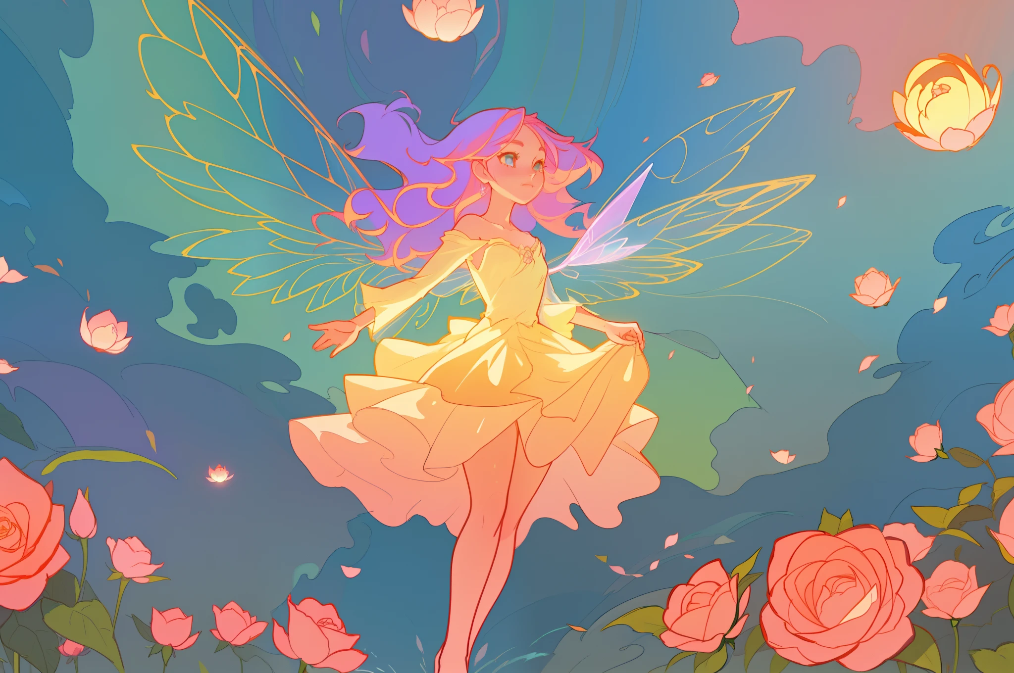 beautiful girl in flowing layered puff long sleeve ballgown, flower fairy, dress that looks like a flower or rose, rose, colorful flowers, inspired by Glen Keane, inspired by Lois van Baarle, disney art style, by Lois van Baarle, glowing aura around her, by Glen Keane, jen bartel, glowing lights! digital painting, flowing glowing hair, glowing flowing hair, beautiful digital illustration, fantasia otherworldly landscape plants flowers, beautiful, masterpiece, best quality, anime disney style, (sharp focus), intricate detail, fine detail, perfection, golden ratio, (fairy wings)