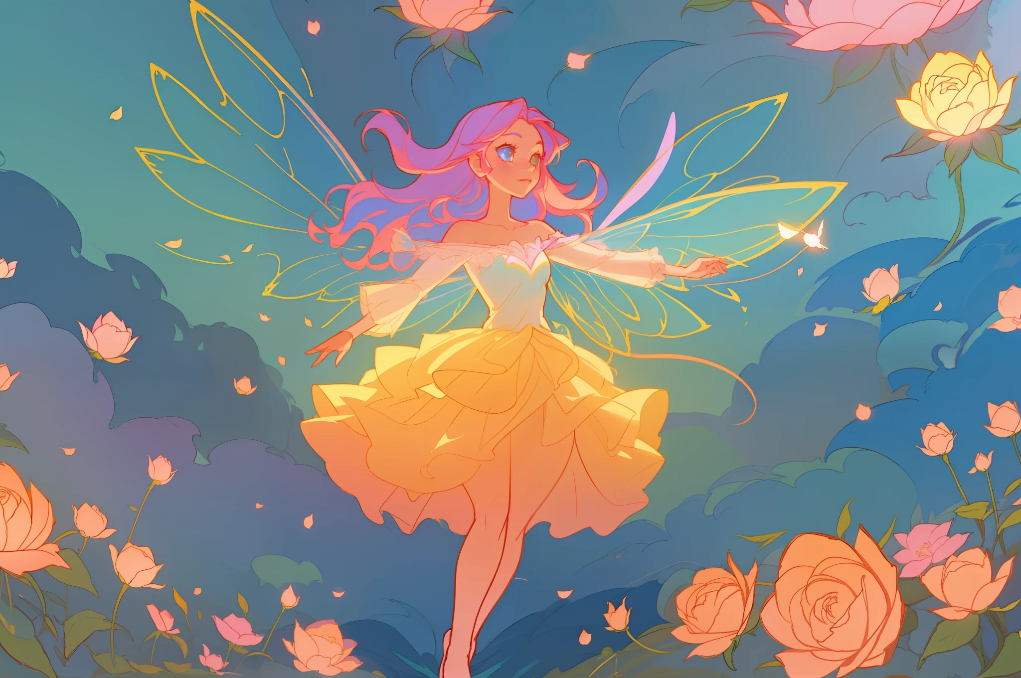 beautiful girl in flowing layered puff long sleeve ballgown, flower fairy, dress that looks like a flower or rose, rose, colorful flowers, inspired by Glen Keane, inspired by Lois van Baarle, disney art style, by Lois van Baarle, glowing aura around her, by Glen Keane, jen bartel, glowing lights! digital painting, flowing glowing hair, glowing flowing hair, beautiful digital illustration, fantasia otherworldly landscape plants flowers, beautiful, masterpiece, best quality, anime disney style, (sharp focus), intricate detail, fine detail, perfection, golden ratio, (fairy wings)