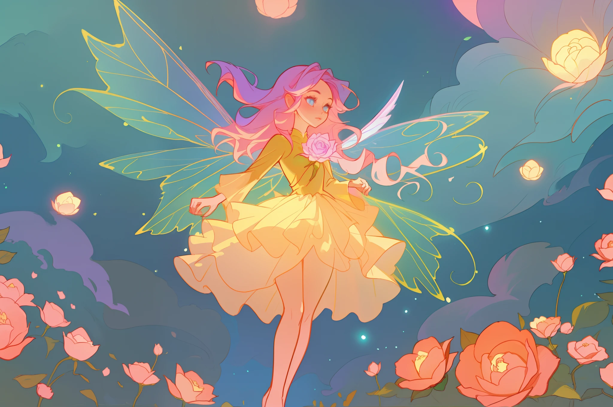 beautiful girl in flowing layered puff long sleeve ballgown, flower fairy, dress that looks like a flower or rose, rose, colorful flowers, inspired by Glen Keane, inspired by Lois van Baarle, disney art style, by Lois van Baarle, glowing aura around her, by Glen Keane, jen bartel, glowing lights! digital painting, flowing glowing hair, glowing flowing hair, beautiful digital illustration, fantasia otherworldly landscape plants flowers, beautiful, masterpiece, best quality, anime disney style, (sharp focus), intricate detail, fine detail, perfection, golden ratio, (fairy wings)