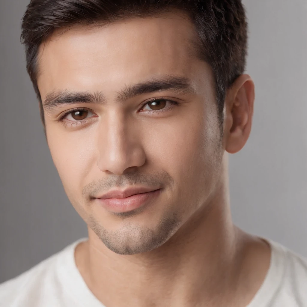 (photo: 1.3) af (realism: 1.3), (Hispanic), Latino man profile, (frontal close-up), soft light, clear face, happy, cheerful, warm light, white T-shirt, (off-white background), (blank background), ((gray wall background)) avatar, (short hair), smile, handsome, young,, short hair, smile, (close-up)