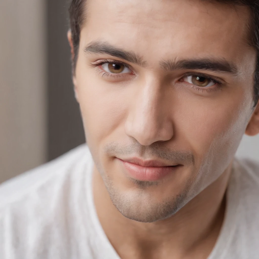 (photo: 1.3) af (realism: 1.3), (Hispanic), Latino man profile, (frontal close-up), soft light, clear face, happy, cheerful, warm light, white T-shirt, (off-white background), (blank background), ((gray wall background)) avatar, (short hair), smile, handsome, young,, short hair, smile, (close-up)
