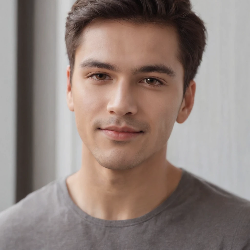 (photo: 1.3) af (realism: 1.3), (Hispanic), Latino man profile, (frontal close-up), soft light, clear face, happy, cheerful, warm light, white T-shirt, (off-white background), (blank background), ((gray wall background)) avatar, (short hair), smile, handsome, young,, short hair, smile, (close-up)