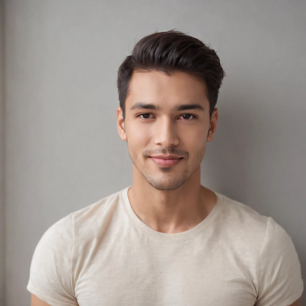 (photo: 1.3) af (realism: 1.3), (Hispanic), Latino man profile, (frontal close-up), soft light, clear face, happy, cheerful, warm light, white T-shirt, (off-white background), (blank background), ((gray wall background)) avatar, (short hair), smile, handsome, young,, short hair, smile, (close-up)