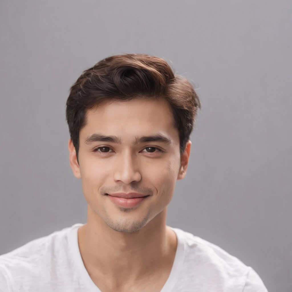 (photo: 1.3) af (realism: 1.3), (Hispanic), Latino man profile, (frontal close-up), soft light, clear face, happy, cheerful, warm light, white T-shirt, (off-white background), (blank background), ((gray wall background)) avatar, (short hair), smile, handsome, young,, short hair, smile, (close-up)