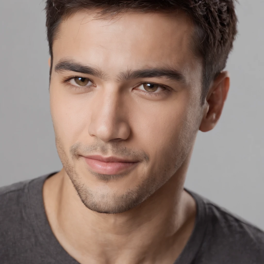 (photo: 1.3) af (realism: 1.3), (Hispanic), Latino man profile, (frontal close-up), soft light, clear face, happy, cheerful, warm light, white T-shirt, (off-white background), (blank background), ((gray wall background)) avatar, (short hair), smile, handsome, young,, short hair, smile, (close-up)