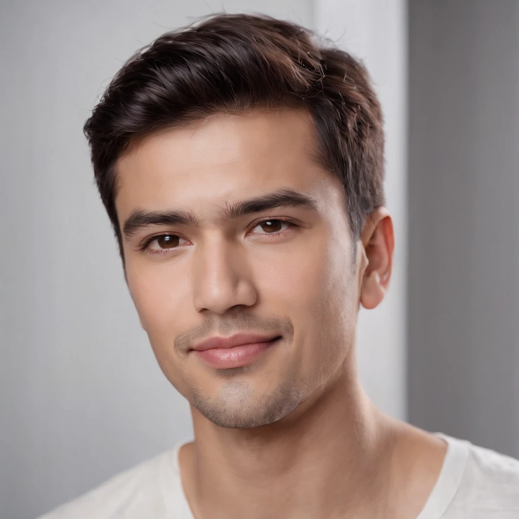 (photo: 1.3) af (realism: 1.3), (Hispanic), Latino man profile, (frontal close-up), soft light, clear face, happy, cheerful, warm light, white T-shirt, (off-white background), (blank background), ((gray wall background)) avatar, (short hair), smile, handsome, young,, short hair, smile, (close-up)