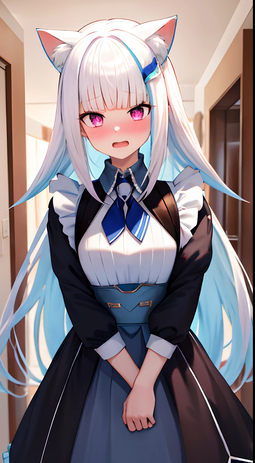 One girl with long hair, white hair, looking at viewer, embarrassed, blushing, open mouth, indoor, black maid, cat ear, cat tail, maid costume, thigh, necktie, ear blush, mature female, hands in waist