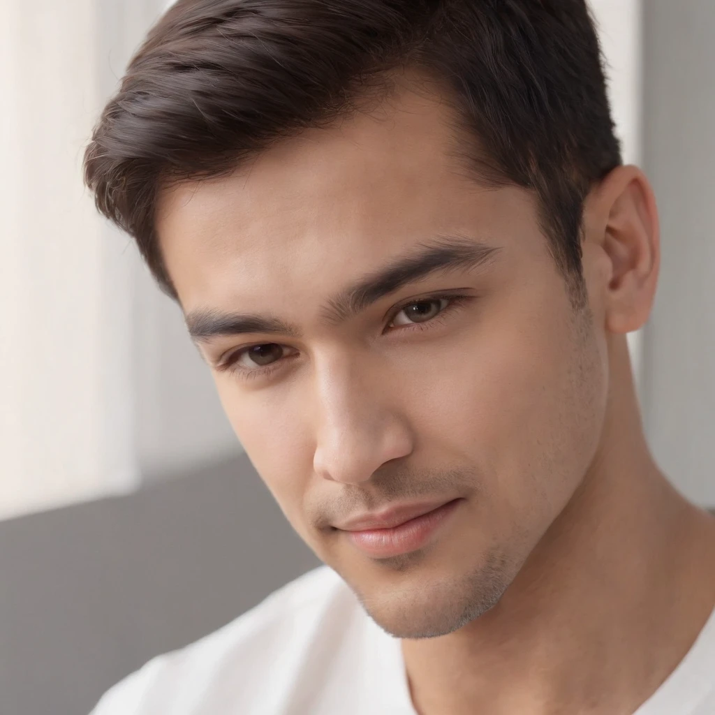 (photo: 1.3) af (realism: 1.3), (Hispanic), Latino man profile, (frontal close-up), soft light, clear face, happy, cheerful, warm light, white T-shirt, (off-white background), (blank background), ((gray wall background)) avatar, (short hair), smile, handsome, young,, short hair, smile, (close-up)
