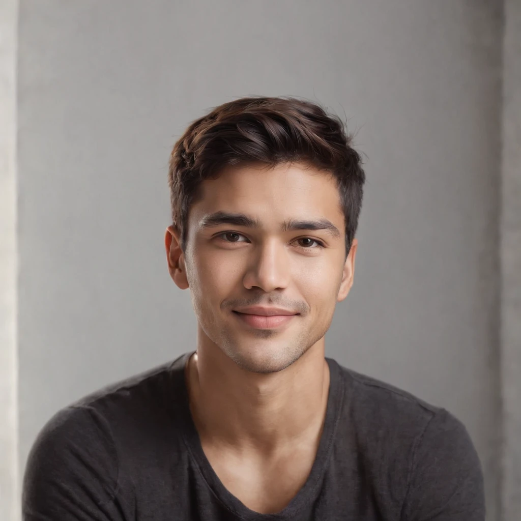 (photo: 1.3) af (realism: 1.3), (Hispanic), Latino man profile, (frontal close-up), soft light, clear face, happy, cheerful, warm light, white T-shirt, (off-white background), (blank background), ((gray wall background)) avatar, (short hair), smile, handsome, young,, short hair, smile, (close-up)