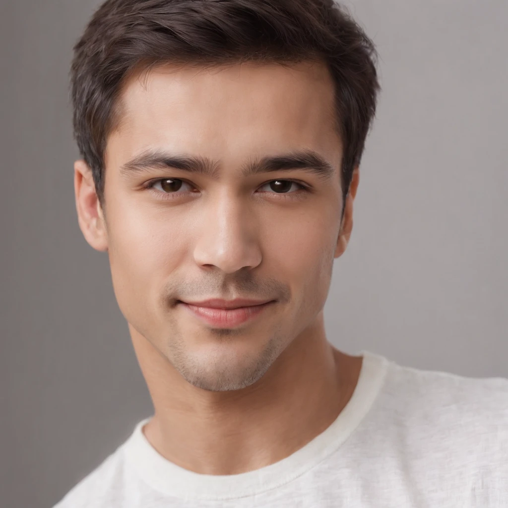 (photo: 1.3) af (realism: 1.3), (Hispanic), Latino man profile, (frontal close-up), soft light, clear face, happy, cheerful, warm light, white T-shirt, (off-white background), (blank background), ((gray wall background)) avatar, (short hair), smile, handsome, young,, short hair, smile, (close-up)