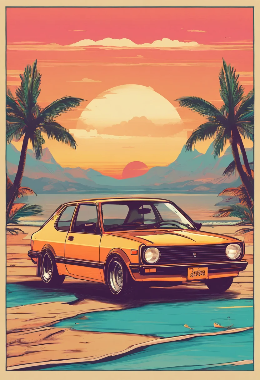 T-shirt design graphic art, Flat design of a retro vintage, praia, Tons coloridos, limpeza altamente detalhada, imagem vetorial, Obra-prima fotorrealista, fotografia profissional, carro honda civic 2005 realista, Simple sunrise setup on the beach, fundo branco plano, Automatic Studio