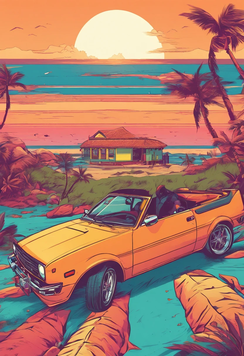 T-shirt design graphic art, Flat design of a retro vintage, praia, Tons coloridos, limpeza altamente detalhada, imagem vetorial, Obra-prima fotorrealista, fotografia profissional, carro honda civic 2005 realista, Simple sunrise setup on the beach, fundo branco plano, Automatic Studio