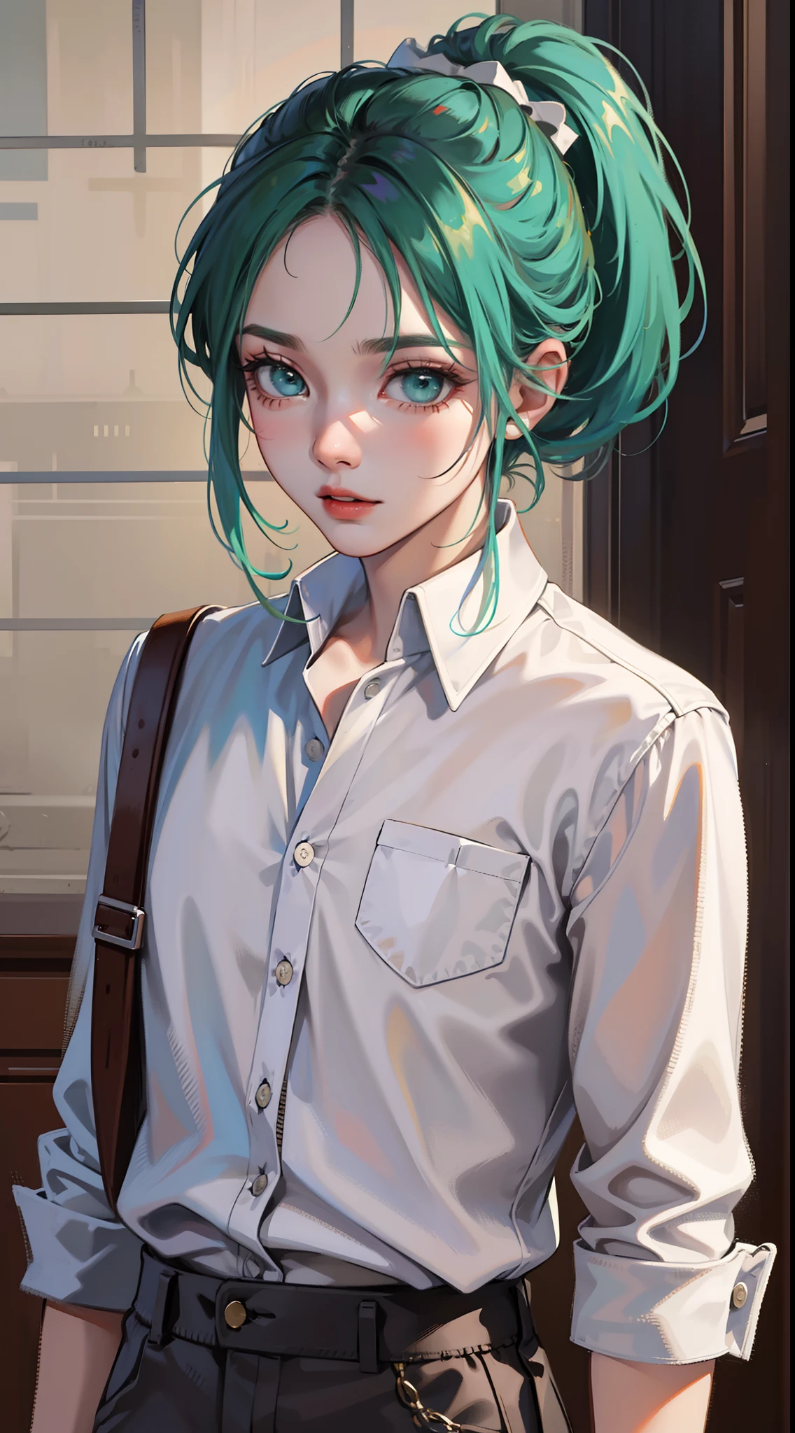 young boy, short turquoise hair, high ponytail, Green eyes, White beautiful shirt, pants, brushes, Masterpiece, hiquality, 4k, HD, Good detail