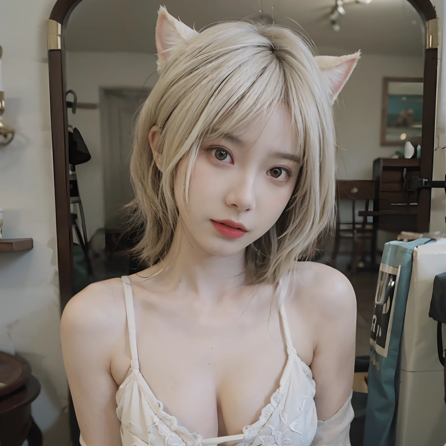 8K,((NSFW))、(Sexy poses collection)、((in one's underwear only))、(((Cream hair color))) 、undersized head、Best Quality, masutepiece, Ultra High Resolution, (Realism: 1.4), Original photo, (True skin texture: 1.3), (Film grain: 1.3), Beautiful eyes and face details, masutepiece, Best Quality, close up, Full body、short-cut、18year old、Cream-colored cat ears