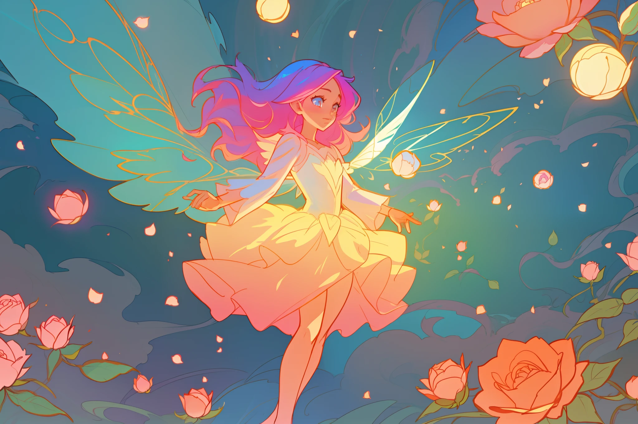 beautiful girl in flowing layered puff long sleeve ballgown, flower fairy, dress that looks like a flower or rose, rose, colorful flowers, inspired by Glen Keane, inspired by Lois van Baarle, disney art style, by Lois van Baarle, glowing aura around her, by Glen Keane, jen bartel, glowing lights! digital painting, flowing glowing hair, glowing flowing hair, beautiful digital illustration, fantasia otherworldly landscape plants flowers, beautiful, masterpiece, best quality, anime disney style, (sharp focus), intricate detail, fine detail, perfection, golden ratio, (fairy wings)