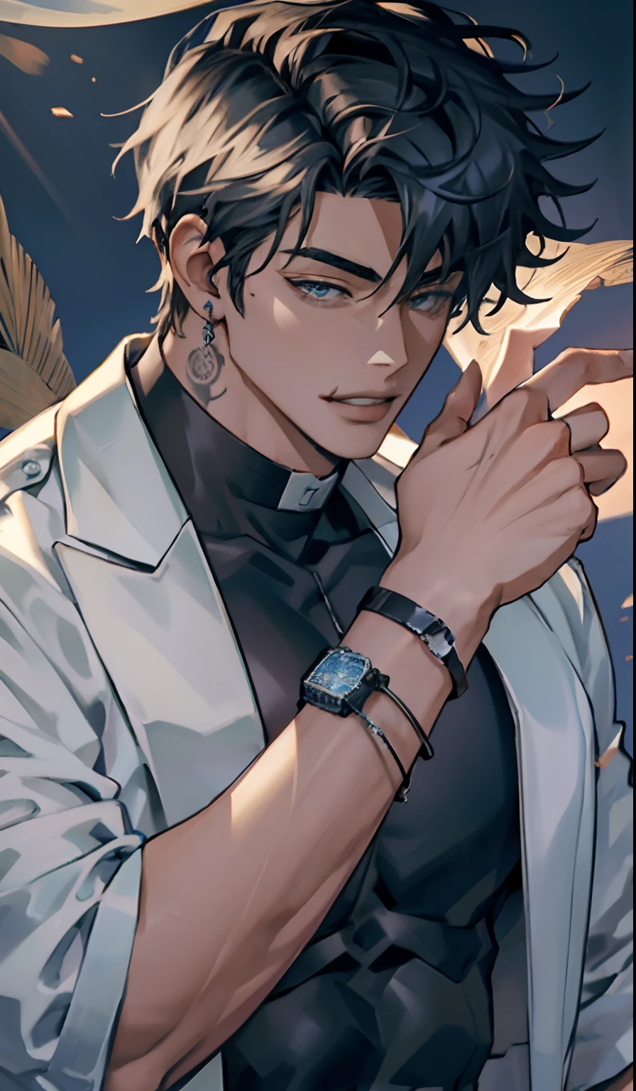 hombre guapoYoo Joonghyuk, 25 years old, ojos grises,Having a bracelet on your wrist,(Hay anillos de metal en los tobillos:0.8),chest muscle,oreja de bestia,Tatuajes trivales