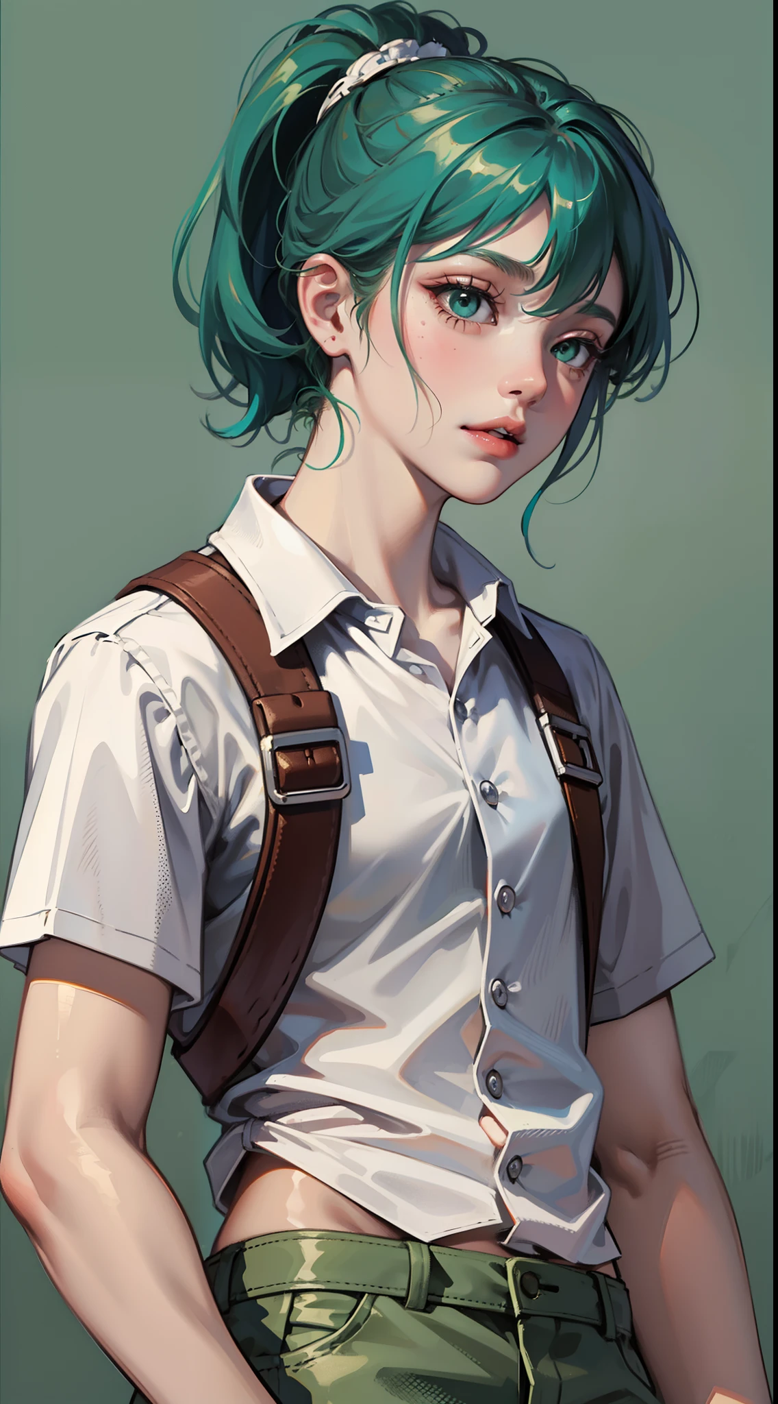 young boy, short turquoise hair, high ponytail, Green eyes, White beautiful shirt, pants, brushes, Masterpiece, hiquality, 4k, HD, Good detail