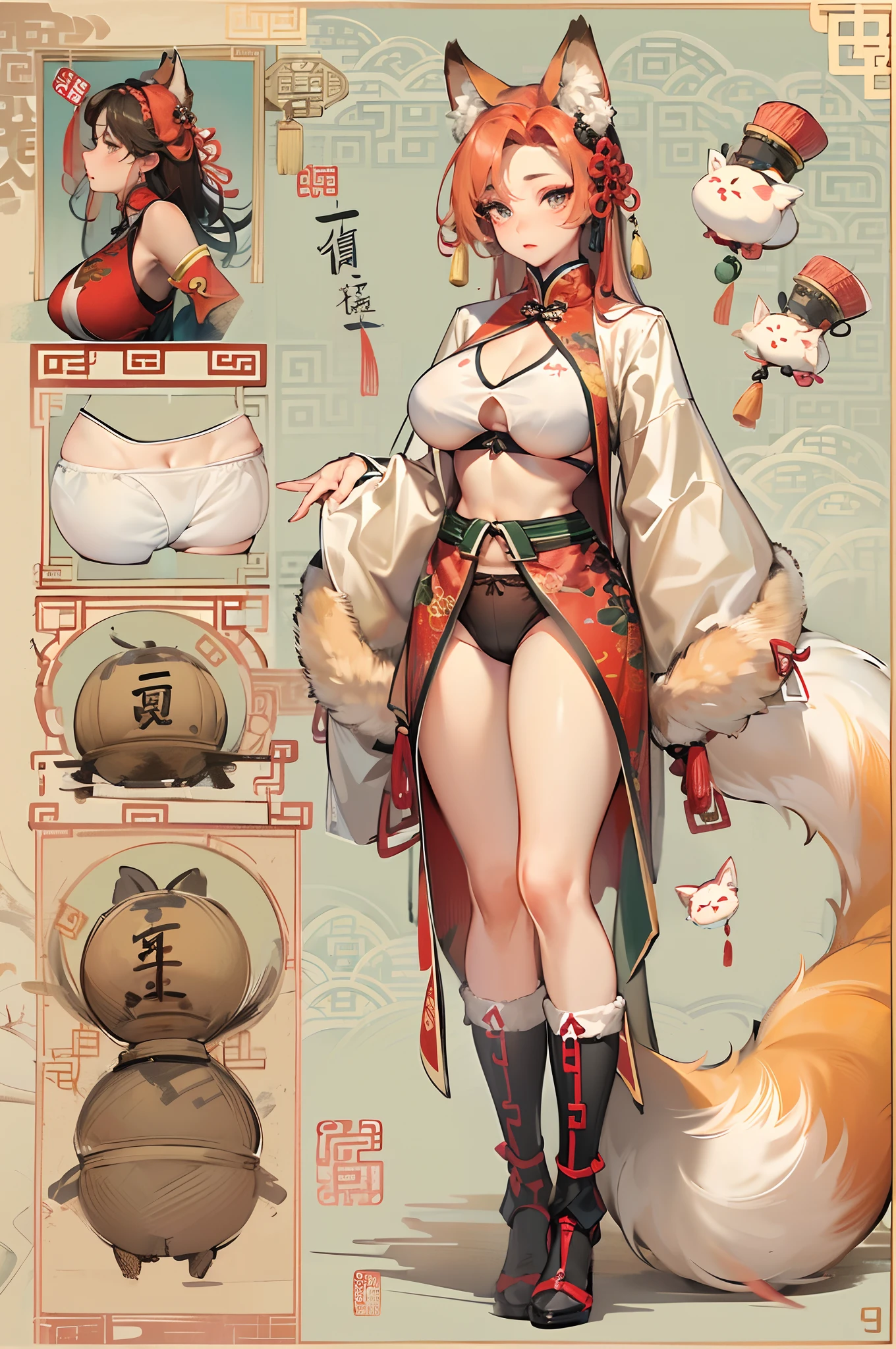 a beauty girl,Mature face,a matural female,Fluffy tail hair,Ultra-loose underwear,clothes slipping off,Anterior convex and posterior,Straight chest,Ruddy complexion,Huge fox tail,nabel,(huge tit),adventurer,tit,areola of breast,pantiess,Stockings,Human Services Group,((illustrated)),split,((Chinese tradition))