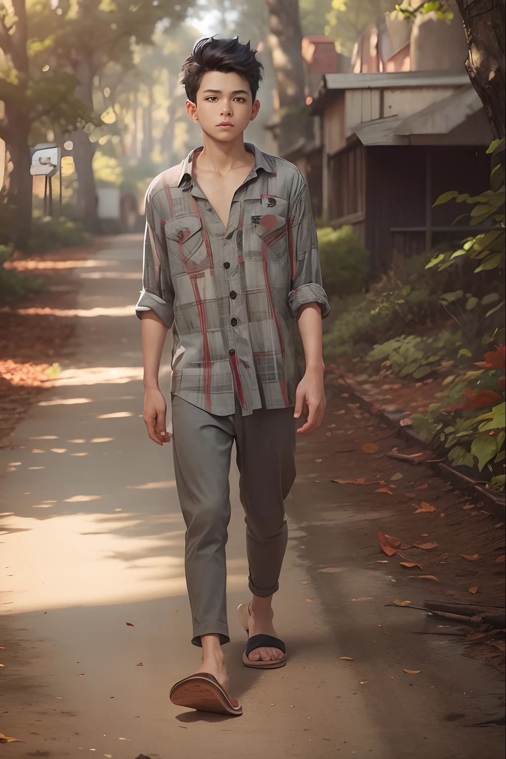 A boy walking,grey pants,red cheks shirt,a slipper,trees in background,some leafs in the ground,bay facing front,8k, realistic