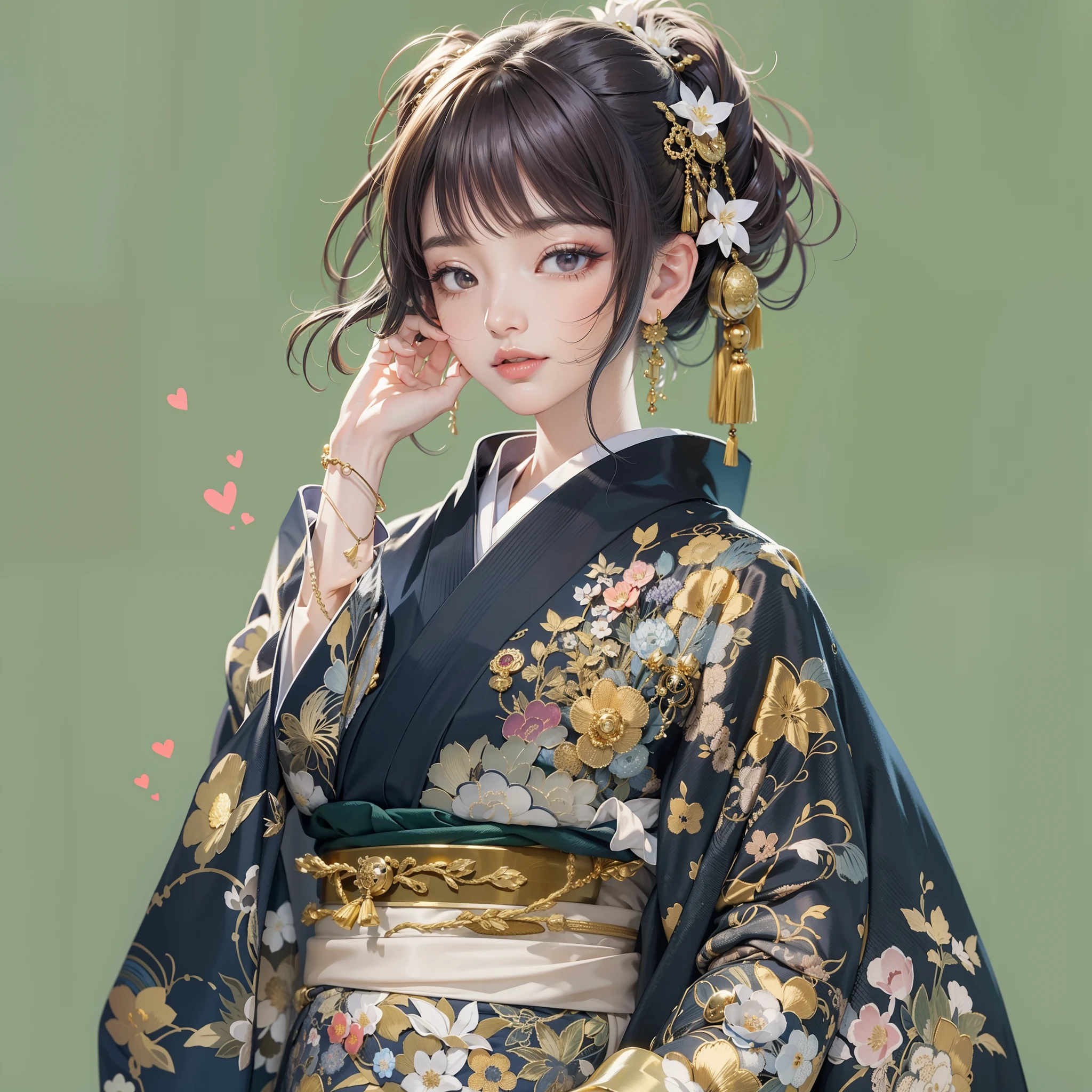 Detailed background((kyoto:1.2),细致背景)、(Gorgeous and elegant backgrounds:1.2), BREAK,elaborate costume{Luxury kimono(Colorful kimono(Detailed golden embroidery,))}、(Japanese Idol(actress):1.2)(face perfect:1.2),Depict a beautiful and graceful woman of Japan。glossy dark hair,poneyTail,Heart in the eye。 Wallpapers 16K, .Blur the background with a sickle,((masutepiece)), ((Best Quality)),{{a portrait photo of}},full body Esbian