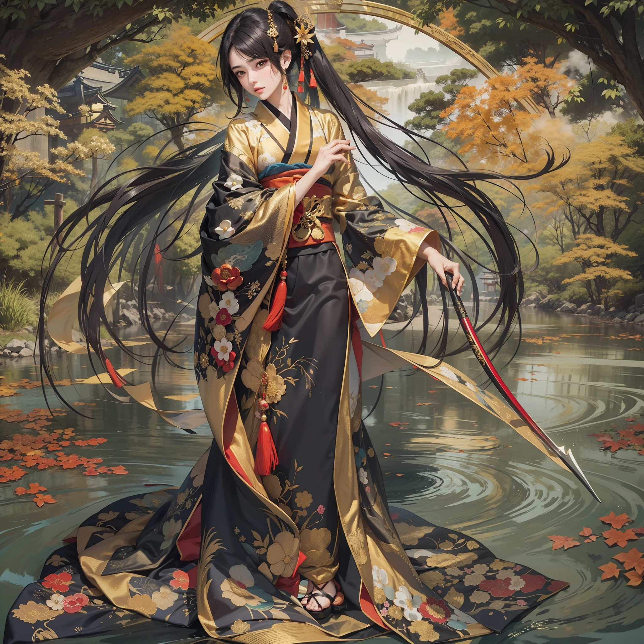Detailed background((kyoto:1.2),细致背景)、(Gorgeous and elegant backgrounds:1.2), BREAK,elaborate costume{Luxury kimono(Colorful kimono(Detailed golden embroidery,))}、(Japanese Idol(actress):1.2)(face perfect:1.2),Depict a beautiful and graceful woman of Japan。glossy dark hair,poneyTail,Heart in the eye。 Wallpapers 16K, .Blur the background with a sickle,((masutepiece)), ((Best Quality)),{{a portrait photo of}},full body Esbian