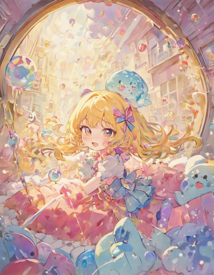 Yumekawa 、Cute as a dream、a pale、Moya、(masterpiece、top-quality、top-quality、watercolor paiting(Curly)、Take a cute cat、Official art、Beautifully Aesthetic:1.2)、(2Beautiful girl of man:1.3)、The upper part of the body、Flirting、lesbian、Lolita Fashion、Lolita、looking at the viewers、patterns、(rainbow-colored hair、colourful hair、Half blue and half pink hair:1.2)、Soap bubbles、Rainbow behind、clouds、colourfull、Soap bubbles、Hair spreads throughout、kawaii、pastels、Large ribbon、Lovely room、Rainbow Cat Plush Toy