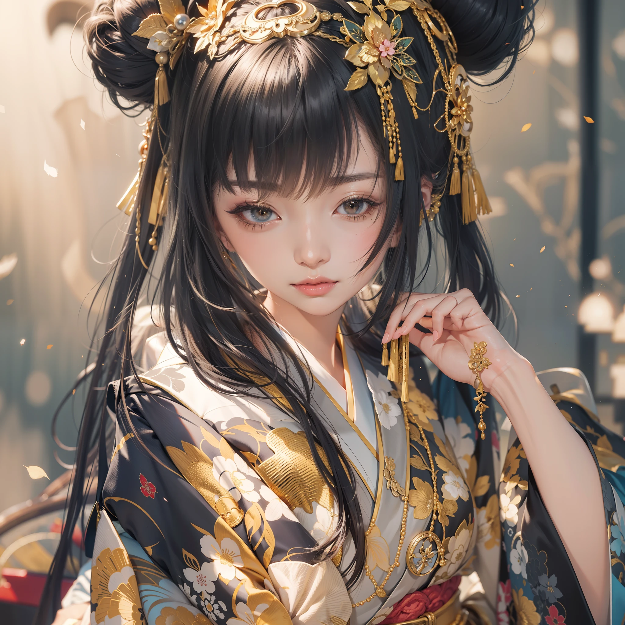 Detailed background((kyoto:1.2),细致背景)、(Gorgeous and elegant backgrounds:1.2), BREAK,elaborate costume{Luxury kimono(Colorful kimono(Detailed golden embroidery,))}、(Japanese Idol(actress):1.2)(face perfect:1.2),Depict a beautiful and graceful woman of Japan。glossy dark hair,poneyTail,Heart in the eye。 Wallpapers 16K, .Blur the background with a sickle,((masutepiece)), ((Best Quality)),{{a portrait photo of}},full body Esbian