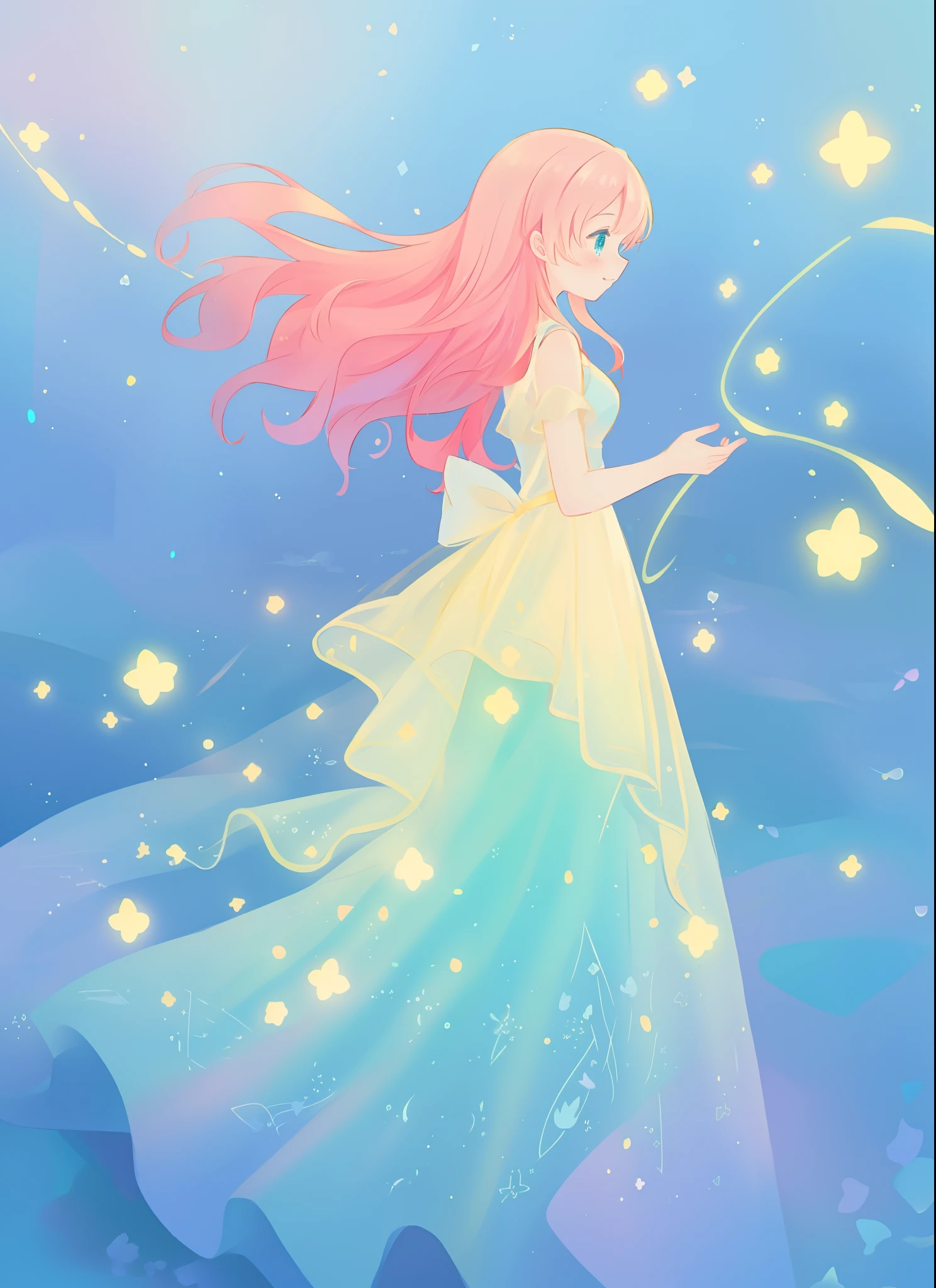 beautiful girl in layered ballgown, flowing long hair, multi-layered ballgown, intricately detailed dress, colorful lights, pastel colors, magical, whimsical, sparkling, inspired by Glen Keane, inspired by Lois van Baarle, disney art style, by Lois van Baarle, glowing aura around her, by Glen Keane, jen bartel, glowing lights! digital painting, flowing glowing hair, glowing flowing hair, beautiful digital illustration, fantasia otherworldly landscape plants flowers, beautiful, masterpiece, best quality, anime disney style