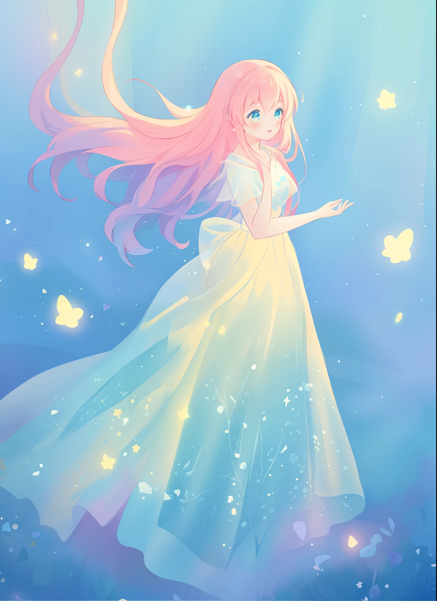 beautiful girl in layered ballgown, flowing long hair, multi-layered ballgown, intricately detailed dress, colorful lights, pastel colors, magical, whimsical, sparkling, inspired by Glen Keane, inspired by Lois van Baarle, disney art style, by Lois van Baarle, glowing aura around her, by Glen Keane, jen bartel, glowing lights! digital painting, flowing glowing hair, glowing flowing hair, beautiful digital illustration, fantasia otherworldly landscape plants flowers, beautiful, masterpiece, best quality, anime disney style