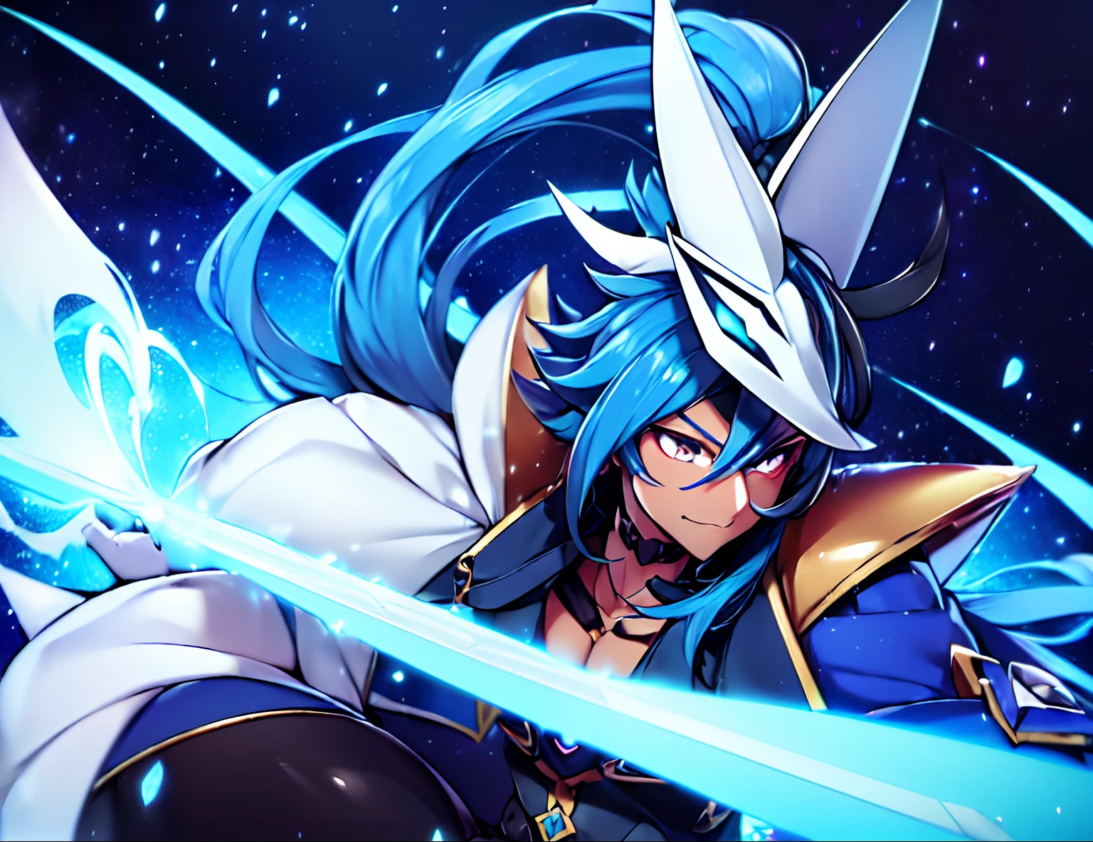 a close up of a ((dark Skin:1.6)) ((masculine )) (sakuyamon) like digimon \(creature\))) with ((long navy-Blue hair with light blue )) , ((Done in a Low hanging Ponytail)),Big ((fluffy white tail)), Ice Crystals in Gauntlets ,((Belt , Sword)) , Dynamic pose,expression( Smug), ((Eye patch)),(( Kaeya From Genshin impact as a Digimon)), ((white Fox mask with blue markings)),(( Blue open jacket)),((1boy Solo)), ((Masterpiece,High quality))