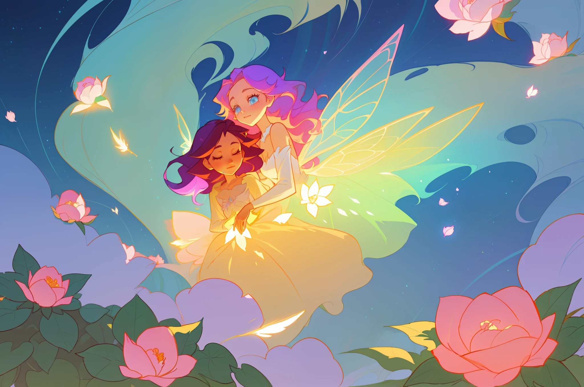 beautiful girl in flowing layered puff long sleeve ballgown, flower fairy, dress that looks like a flower or rose, rose, colorful flowers, inspired by Glen Keane, inspired by Lois van Baarle, disney art style, by Lois van Baarle, glowing aura around her, by Glen Keane, jen bartel, glowing lights! digital painting, flowing glowing hair, glowing flowing hair, beautiful digital illustration, fantasia otherworldly landscape plants flowers, beautiful, masterpiece, best quality, anime disney style, (sharp focus), intricate detail, fine detail, perfection, golden ratio, (fairy wings)