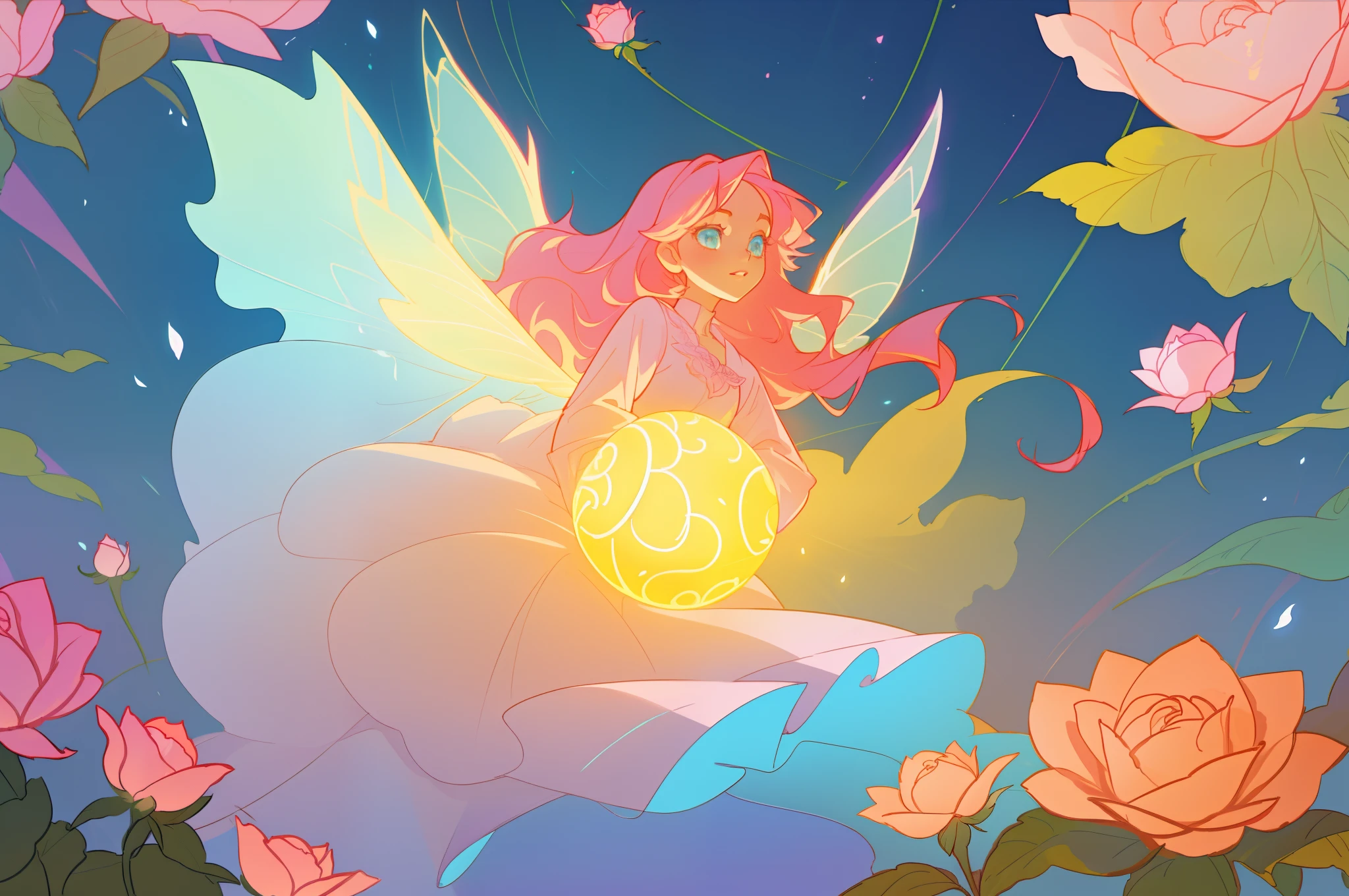 beautiful girl in flowing layered puff long sleeve ballgown, flower fairy, dress that looks like a flower or rose, rose, colorful flowers, inspired by Glen Keane, inspired by Lois van Baarle, disney art style, by Lois van Baarle, glowing aura around her, by Glen Keane, jen bartel, glowing lights! digital painting, flowing glowing hair, glowing flowing hair, beautiful digital illustration, fantasia otherworldly landscape plants flowers, beautiful, masterpiece, best quality, anime disney style, (sharp focus), intricate detail, fine detail, perfection, golden ratio, (fairy wings)